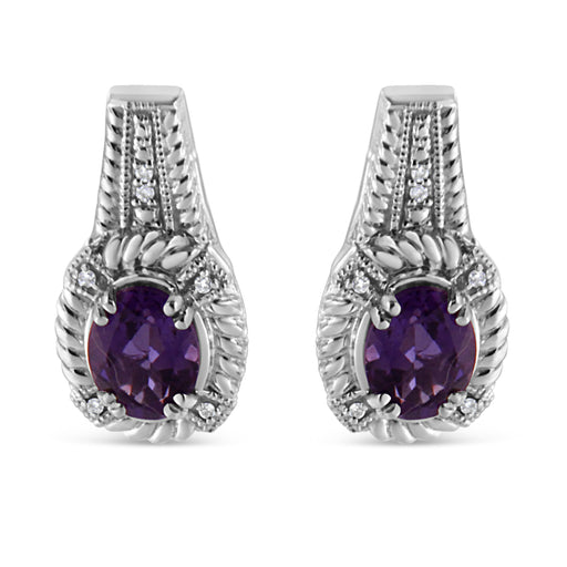 Bids.com .925 Sterling Silver 8x6 MM Natural Oval Purple Amethyst Gemstone and Diamond Accent Art Deco Style Drop and Dangle Earrings (I-J Color, I1-I2 Clarity) Earrings
