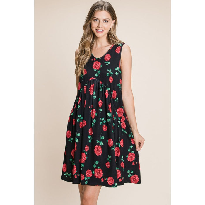 BOMBOM Floral Ruched Tank Dress