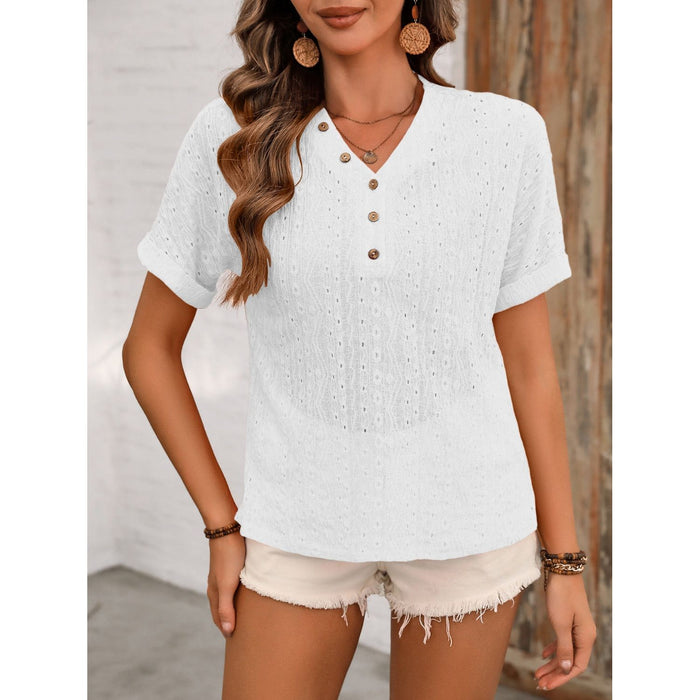 Eyelet V-Neck Short Sleeve Top