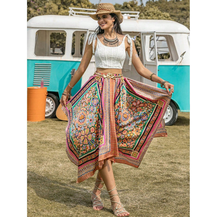 Printed High Waist Handkerchief Hem Skirt