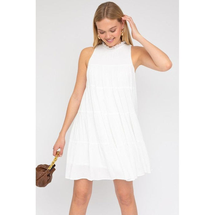 Sleeveless Ruffle Neck Tiered Dress