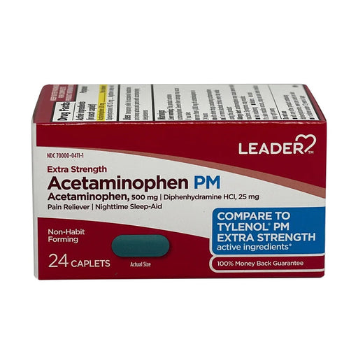 Perrigo Perrigo Leader Extra Strength Acetaminophen 500mg 24 Caplets Medicine & Drugs Dark Red