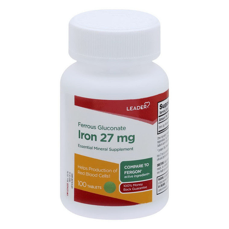 Leader Leader Ferrous Gluconate, Iron 27 Mg, Tablets Vitamins & Supplements Light Gray