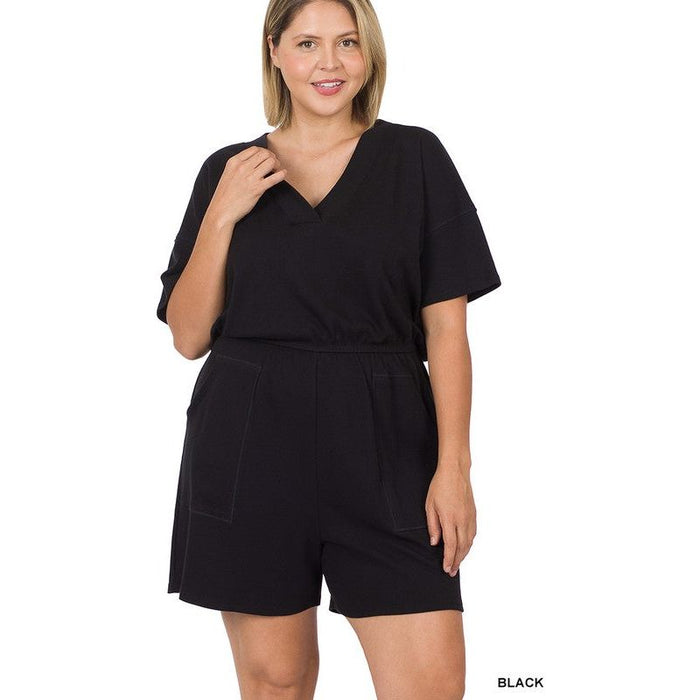 Plus Drop Shoulder V-Neck Romper with Pockets