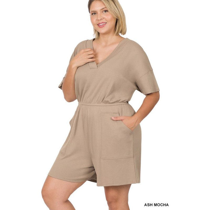 Plus Drop Shoulder V-Neck Romper with Pockets