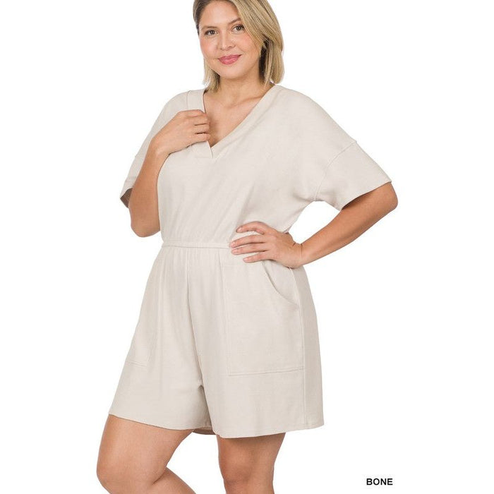 Plus Drop Shoulder V-Neck Romper with Pockets