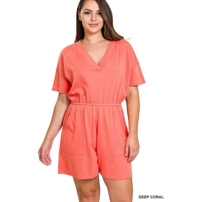 Plus Drop Shoulder V-Neck Romper with Pockets