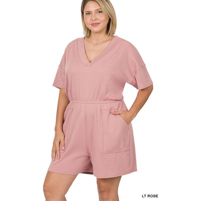 Plus Drop Shoulder V-Neck Romper with Pockets