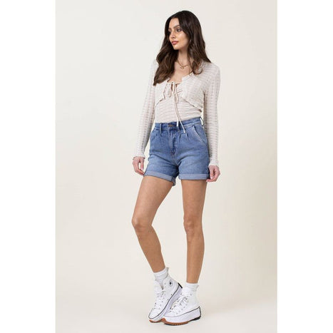 Denim Shorts with Pin Tuck Detail