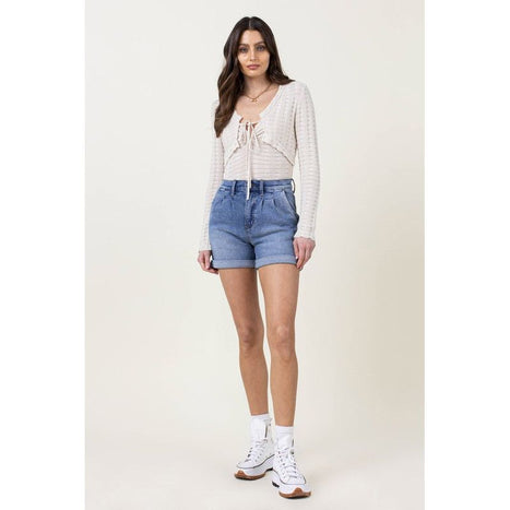 Denim Shorts with Pin Tuck Detail