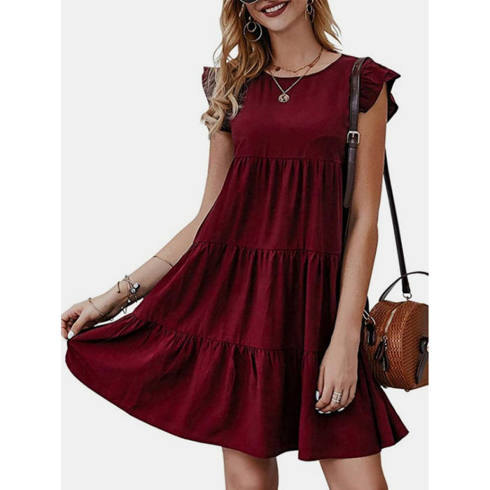 Ruffled Round Neck Cap Sleeve Mini Dress