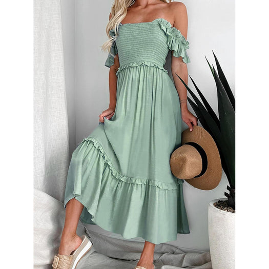 Frill Smocked Off-Shoulder Ruffle Sleeve Dress