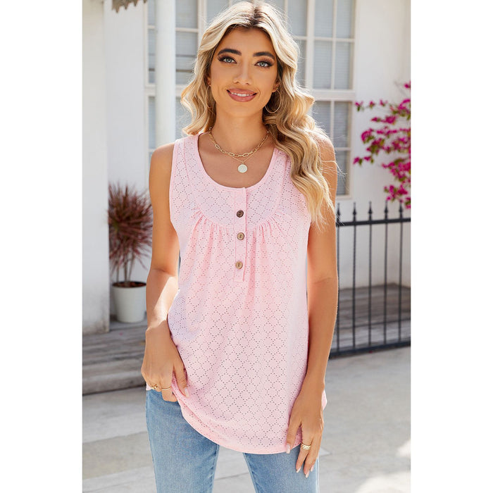 Eyelet Buttoned Round Neck Tank