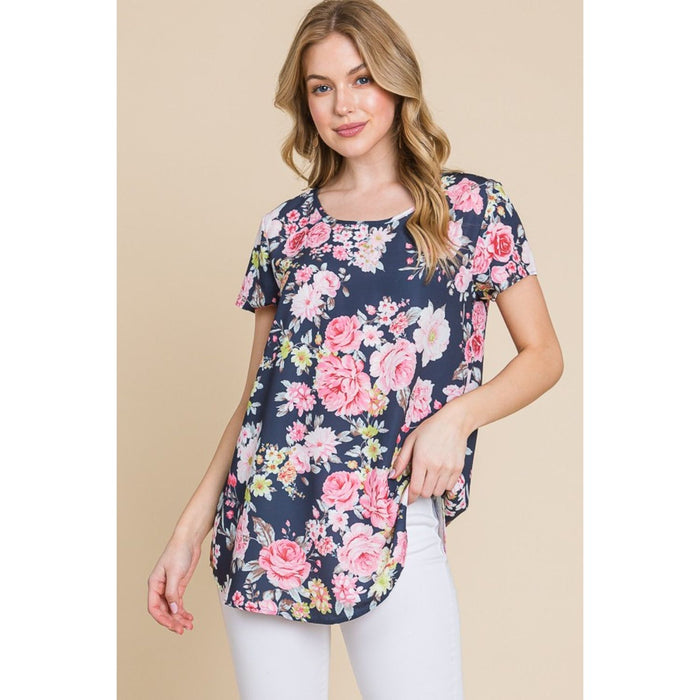 BOMBOM Floral Round Neck Short Sleeve T-Shirt