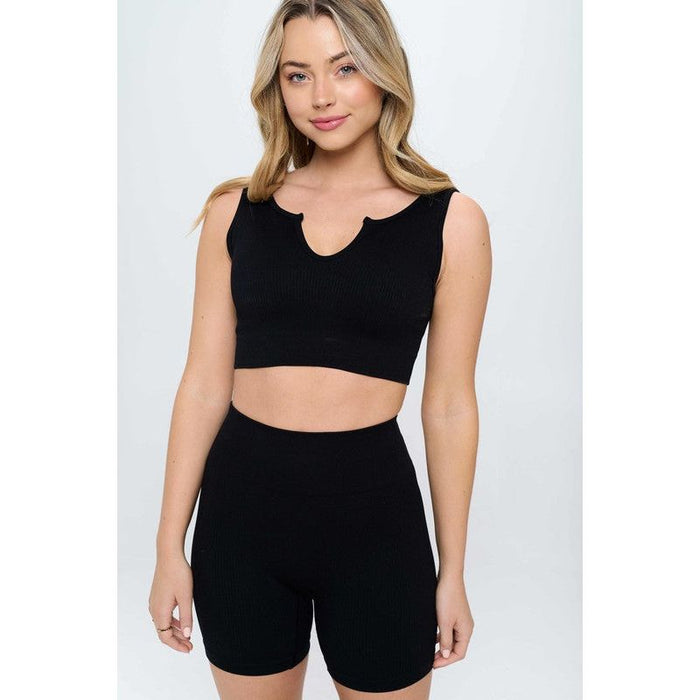 2 piece Seamless Ribbed Tank Top  Biker Shorts Set