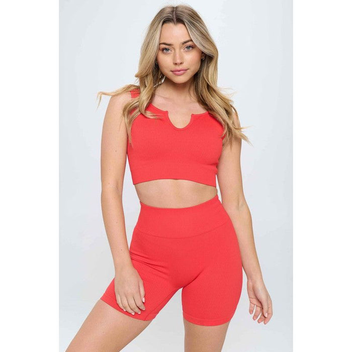 2 piece Seamless Ribbed Tank Top  Biker Shorts Set