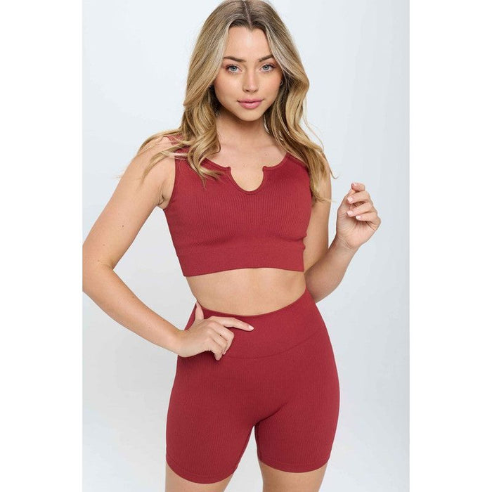 2 piece Seamless Ribbed Tank Top  Biker Shorts Set