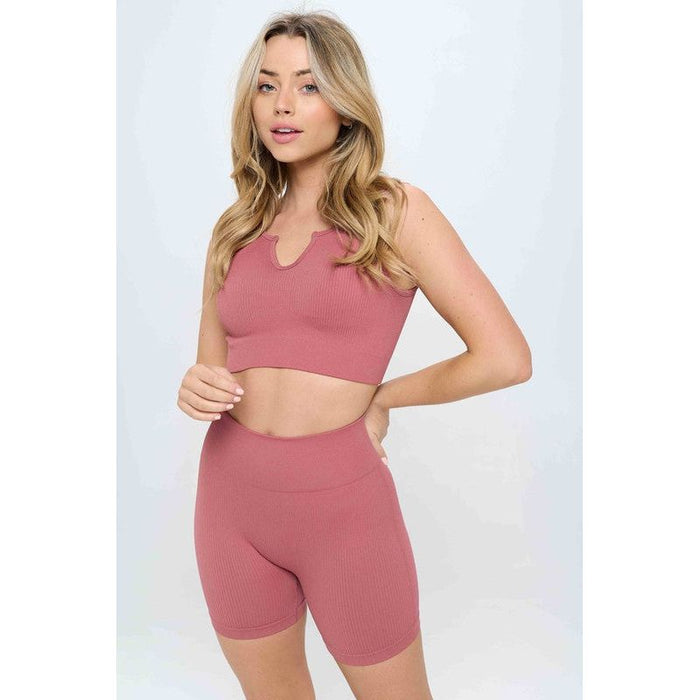 2 piece Seamless Ribbed Tank Top  Biker Shorts Set