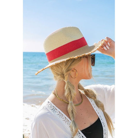 Fray-Edge Color Block Straw Panama Fedora Hat