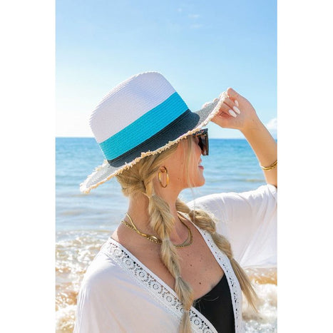 Fray-Edge Color Block Straw Panama Fedora Hat