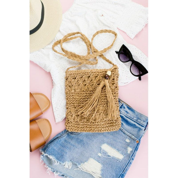 Woven Straw Tassel Accent Crossbody Bag