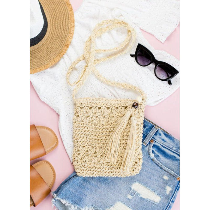 Woven Straw Tassel Accent Crossbody Bag