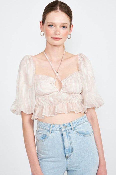 Emory Park Bubble Sleeve Ruched Crop Top