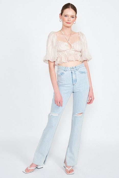 Emory Park Bubble Sleeve Ruched Crop Top