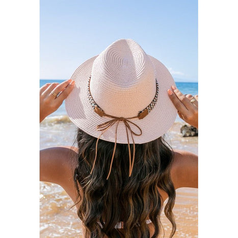 Boho Accent Straw Panama Fedora Hat