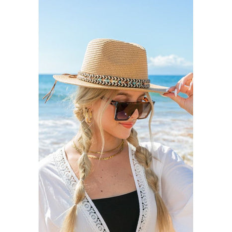 Boho Accent Straw Panama Fedora Hat