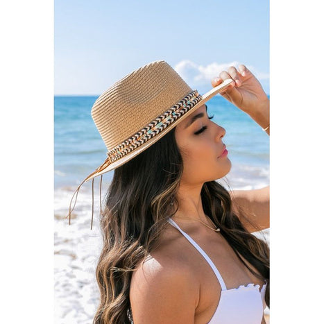 Boho Accent Straw Panama Fedora Hat