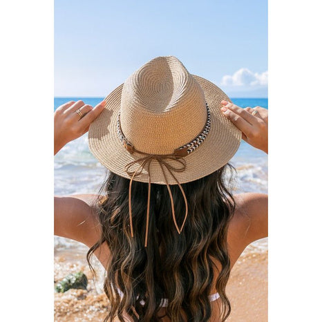 Boho Accent Straw Panama Fedora Hat