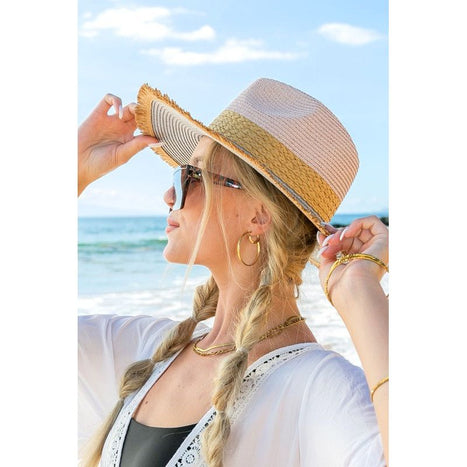 Fray-Edge Rattan Band Straw Panama Fedora Hat