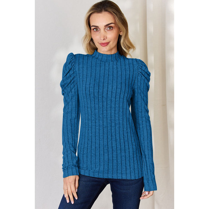 Basic Bae Ribbed Mock Neck Puff Sleeve T-Shirt