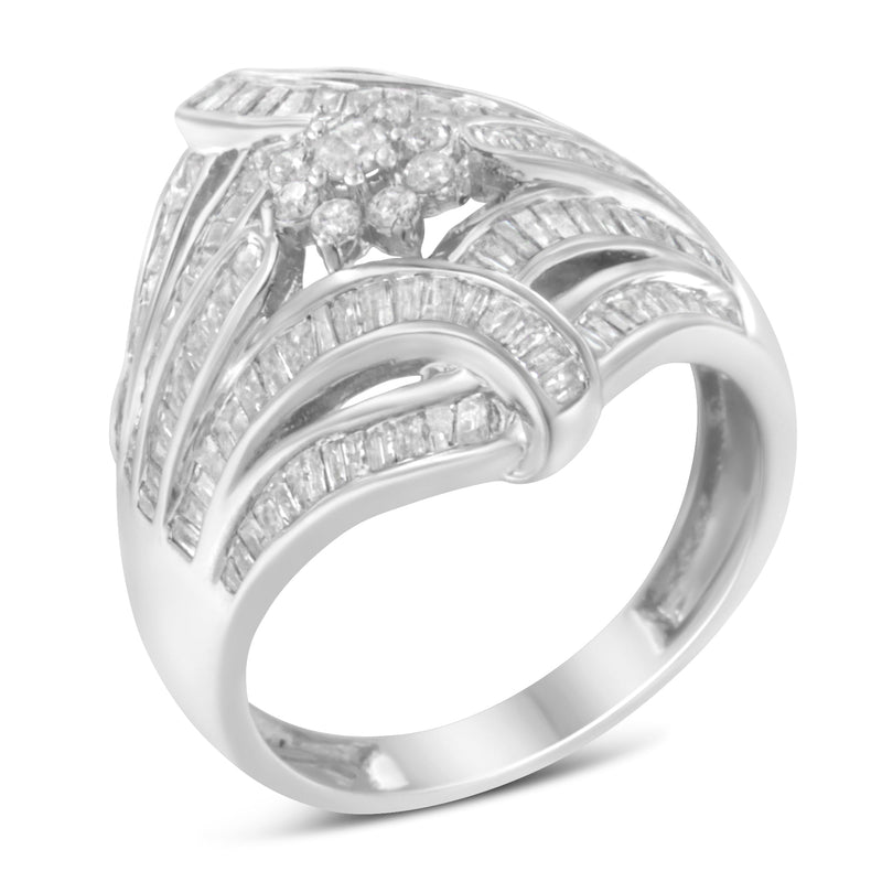 Bids.com .925 Sterling Silver 1-1/8 Cttw Round & Baguette Diamond 'Flower & Fern' Cluster Cocktail Fashion Ring (I-J Color, I2-I3 Clarity) - Size 6 Rings