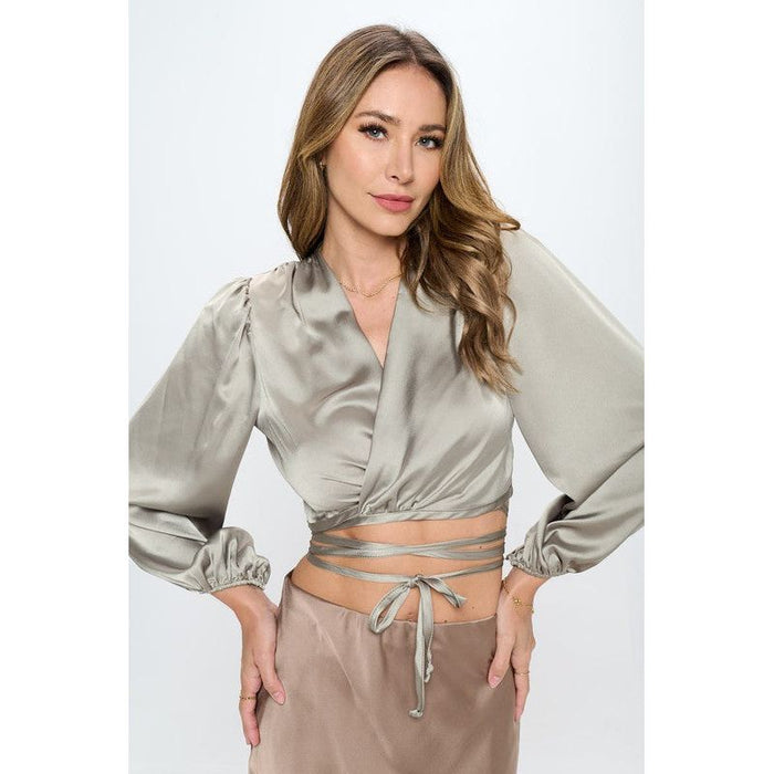 Made in USA Silky Satin Wrap Crop Top with Tie