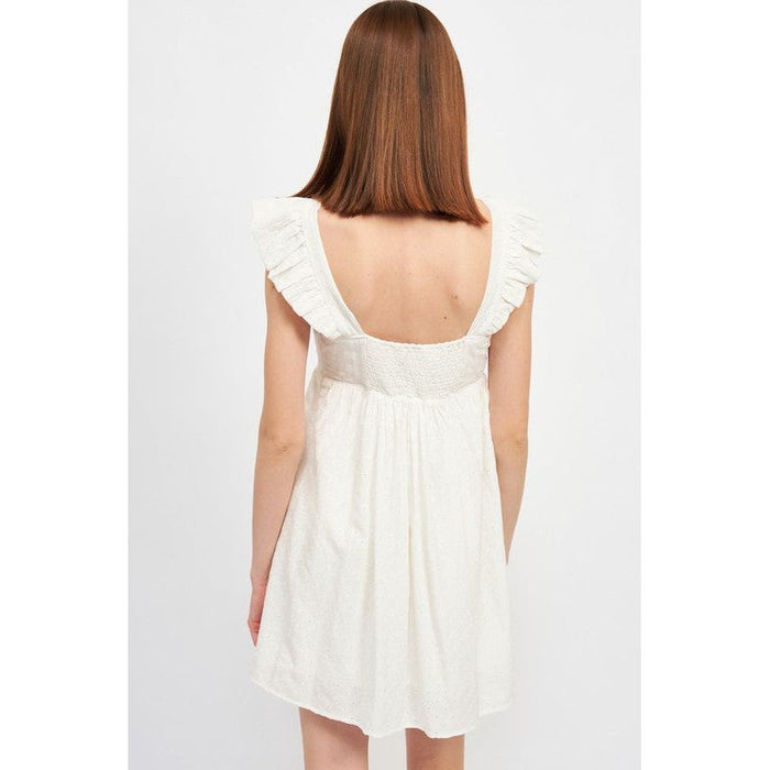 SQUARE NECK FLUTTED SLEEVE MINI DRESS