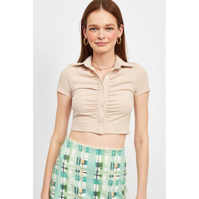 Button Up Collared Top With Shirring Detail