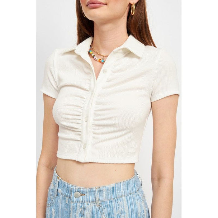 Button Up Collared Top With Shirring Detail