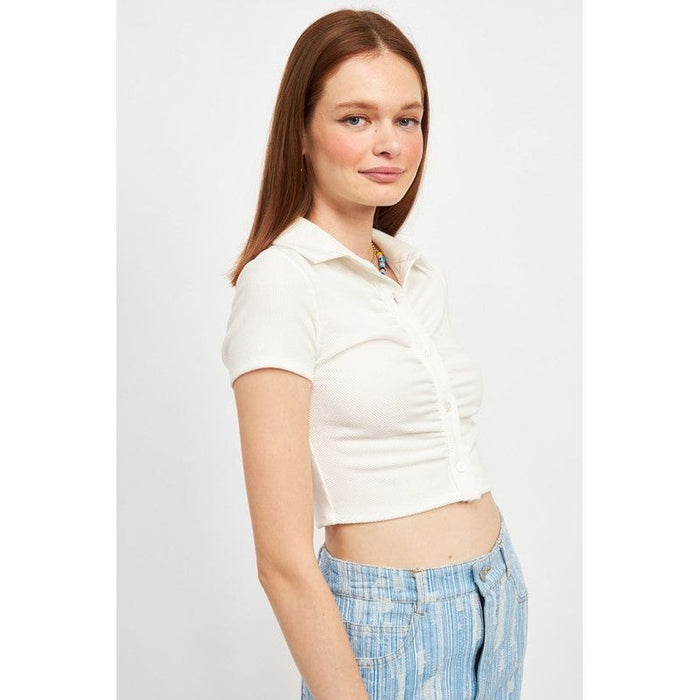 Button Up Collared Top With Shirring Detail