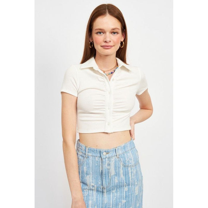 Button Up Collared Top With Shirring Detail