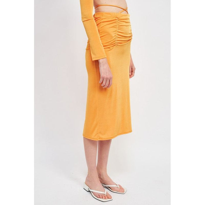 RUCHED MIDI SKIRT WITH WAIST TIE AND SLIT