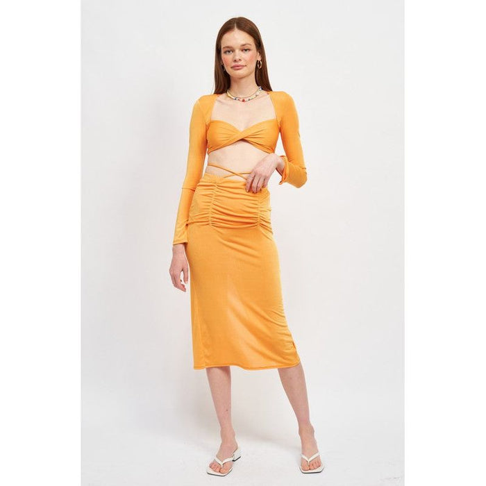 RUCHED MIDI SKIRT WITH WAIST TIE AND SLIT