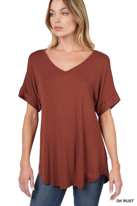 Short Cuff Sleeve V-Neck Round Hem Top