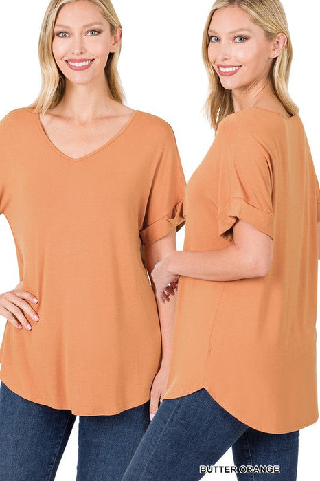 Short Cuff Sleeve V-Neck Round Hem Top