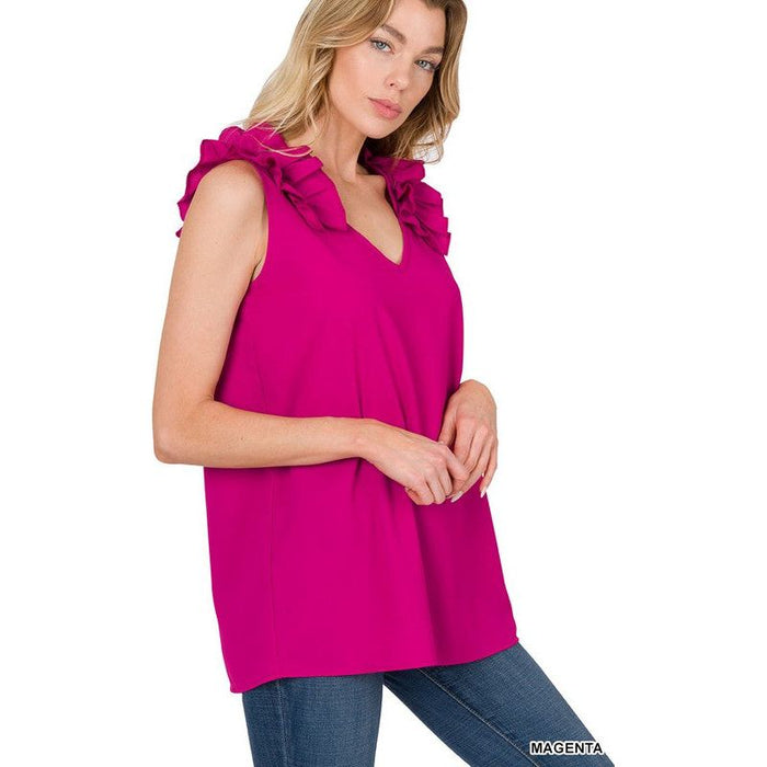 WOVEN WOOL DOBBY RUFFLE TRIM SLEEVELESS TOP