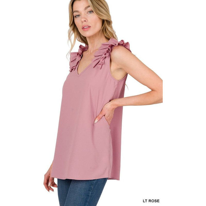 WOVEN WOOL DOBBY RUFFLE TRIM SLEEVELESS TOP