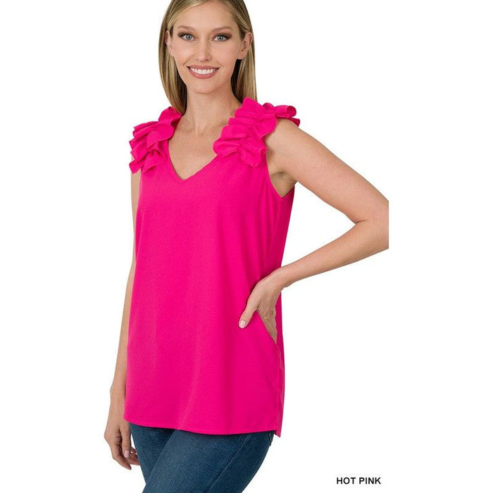 WOVEN WOOL DOBBY RUFFLE TRIM SLEEVELESS TOP