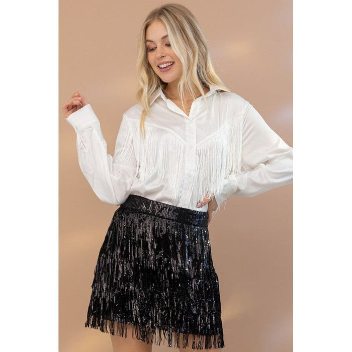 Satin Shirt Blouse with Chevron Fringe