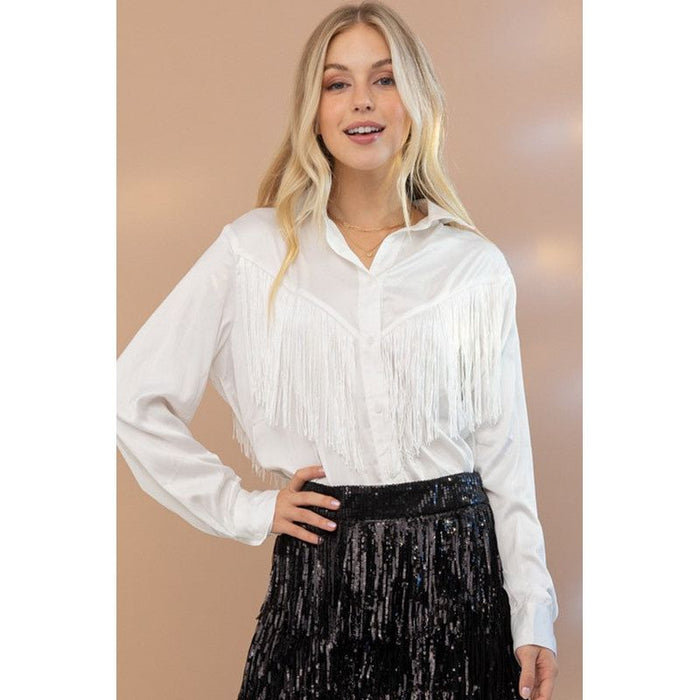 Satin Shirt Blouse with Chevron Fringe